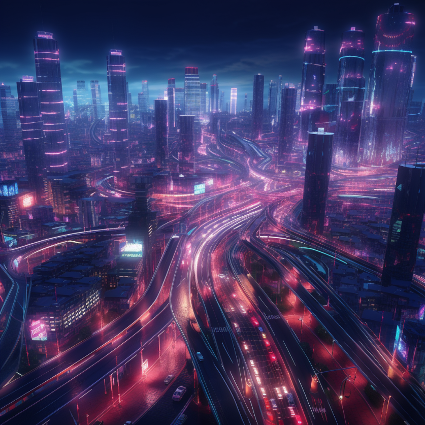 An imagined futuristic city, where highways weave between tall buildings.