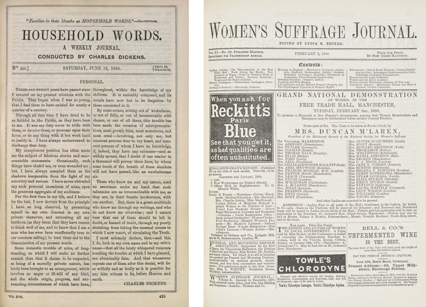 Two adjacent periodical title-pages densely printed in black. First in two columns within rule border. Second in three columns with advertisements.