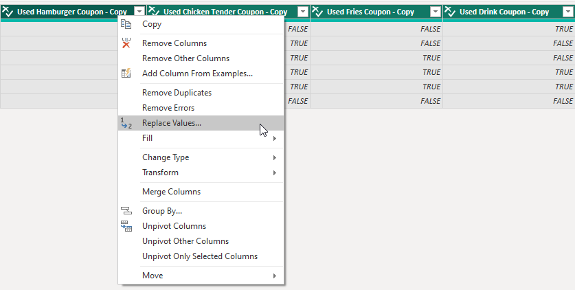 Replace values option for columns