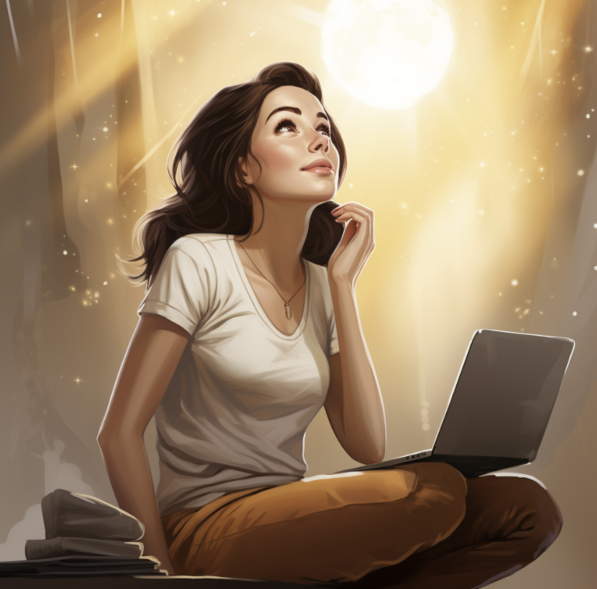 Brown haired middle aged woman, sitting with her laptop and looking hopefully into the distance.
