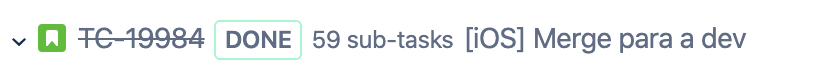 Imagem de um conjunto de tasks do Jira chamado Merge para a dev com 59 subtarefas