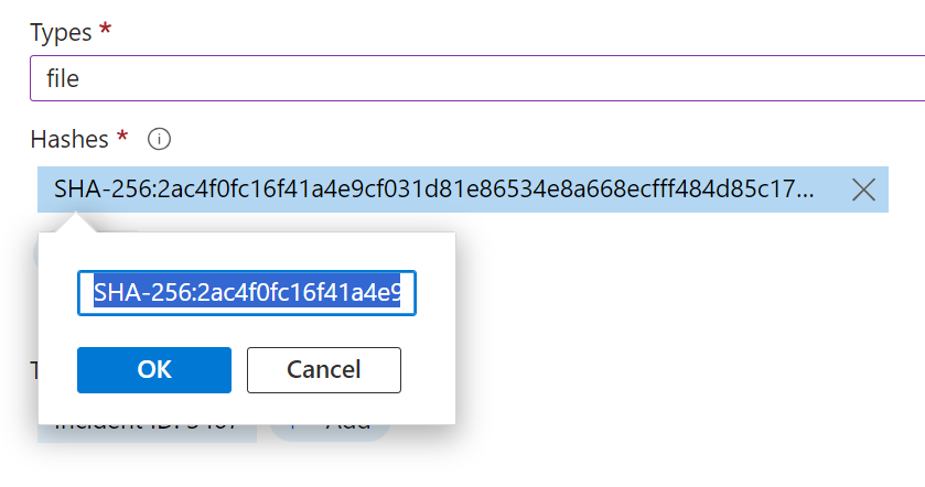 A screenshot showing the format of a file hash indicator in Microsoft Sentinel