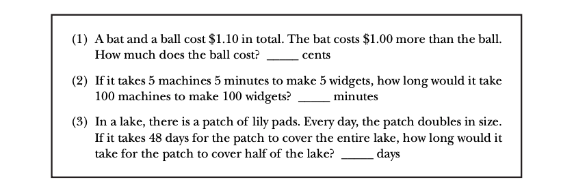 A series of questions presented as part of the cognitive test. The questions are: 1. A bat and ball cost $1.10 in total. The bat costs $1.00 more than the ball. How much does the ball cost? 2. If it takes 5 machines 5 minutes to make 5 widgets, how long would it take 100 machines to make 100 widgets? 3. In a lake, htere is a patch of lily pads. Every day, the patch doubles in size. If it takes 48 days for the patch to cover the entire lake, how long to cover half of the lake?