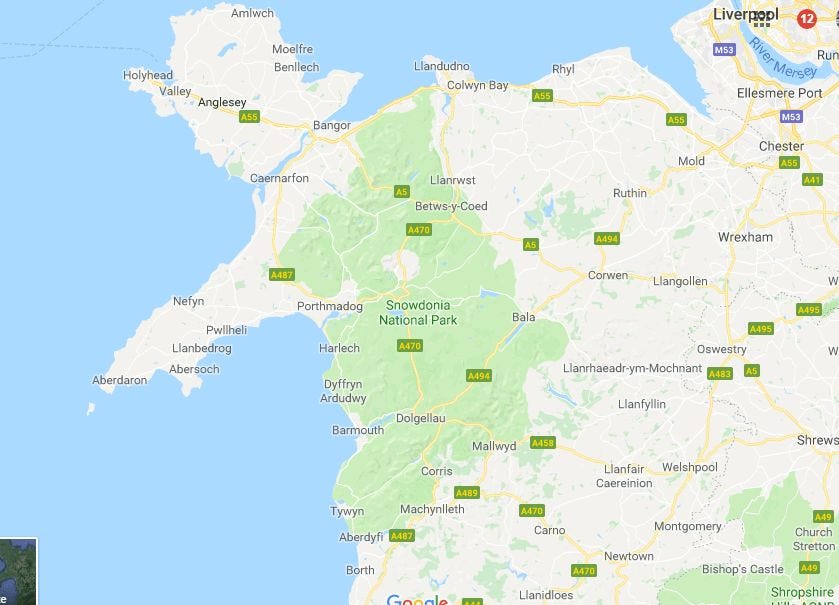 map of North Wales featuring Snowdonia national Park