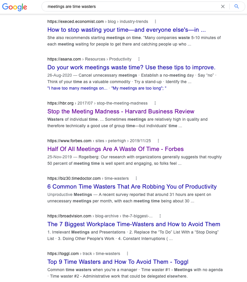 Google search results when you search for “meetings are time wasters”