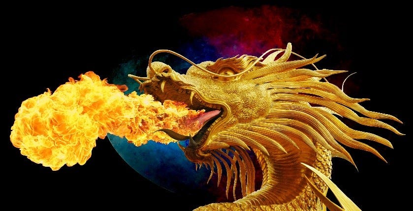 The Dragon was breathing a terrifying spume of golden fire. Not red, or white. but a golden colour. This was the origin of his name — the Gilt Dragon. He was ferocious and furious. He wanted his one gold coin which was in Tahj’s pocket. Source: Public Domain — no restrictions on use.