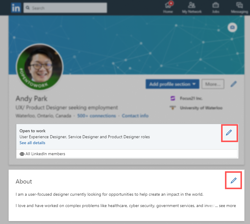 Screenshot of LinkedIn page, with “Edit” features highlighted