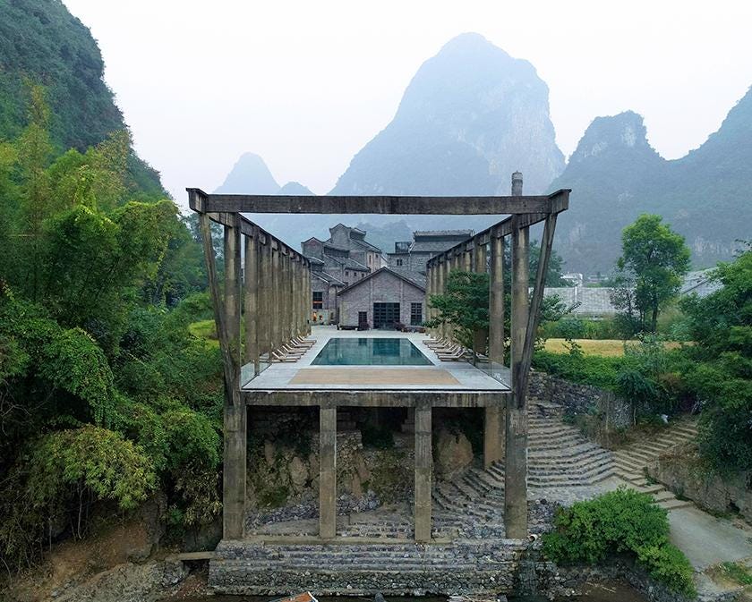 At the Alila Yangshuo Hotel, Vector Architects preserved an old sugar mill out, respecting the area’s industrial heritage. The rigid geometric volumes of the hotel mark a stark contrast with the rugged forms of the karst landscape. (Photo: Su Shengliang, Beauty and the East)