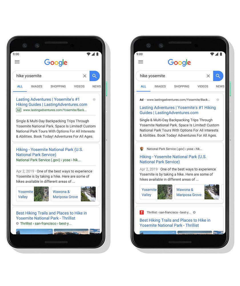 Two smartphone screens are shown side by side, both showing Google search results for “hike yosemite”. On the left, each search result consists of text only. On the right, each search result starts with a little icon, followed by the site title.