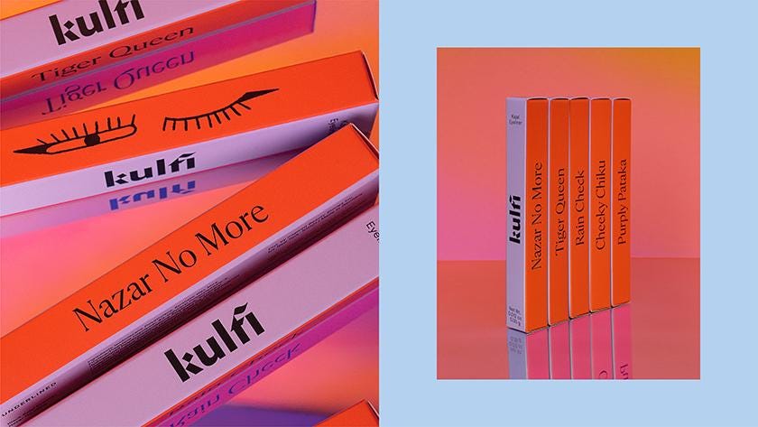 The challenge for Kulfi was to create a compelling visual identity that resonated with South Asian Gen-Zers and Millennials, but the brand was keen not to resort to the usual South Asian clichés. Badal Patel avoided referencing other beauty brands and instead favored a confident yet playful referential approach. (Work: Badal Patel, Brand New Brand)