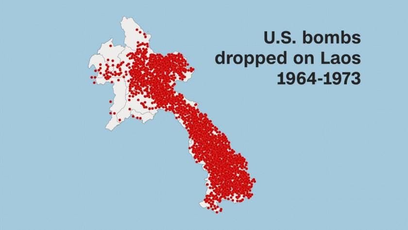 Map of Laos with red dots showing bombs dropped in Laos between 1964 and 1973