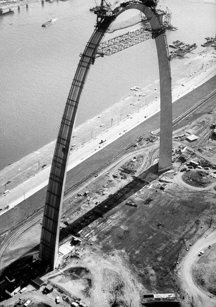 A view from above of the St. Louis Gateway Arch just shy of completion. Over six decades later, it still remains the world’s