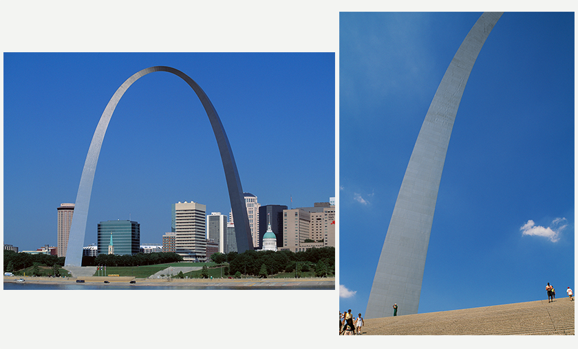 The arch steals the spotlight against the St. Louis skyline. A close-up on one left of the arch conveys the massive scale of