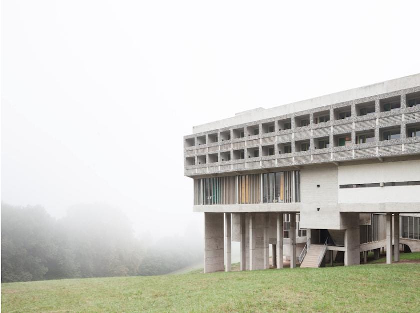 The five-story structure of Couvent Sainte-Marie de La Tourette contrasts with its pastoral setting. Sections of the building