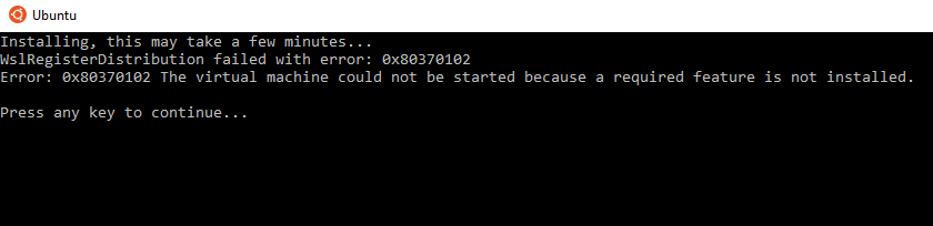 An Ubuntu console window showing an error on first launch