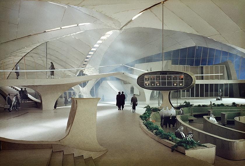 An astounding futuristic interior captures the Space Age optimism of the period. The terminal is a display of calculated effo