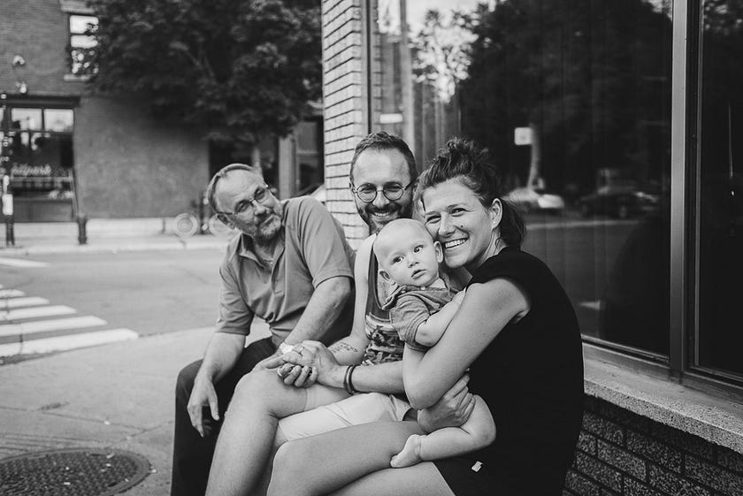 Tips for documenting your vacation. The family candid in front of a Montreal shop.