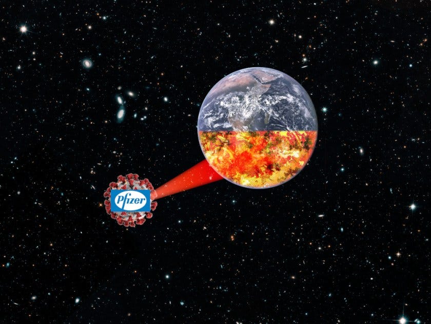 The Earth, floating in space, with its southern hemisphere in flames; it is being irradiated by a beam-weapon fired by a Death Star-style coronavirus molecule, bearing the Pfizer logo.