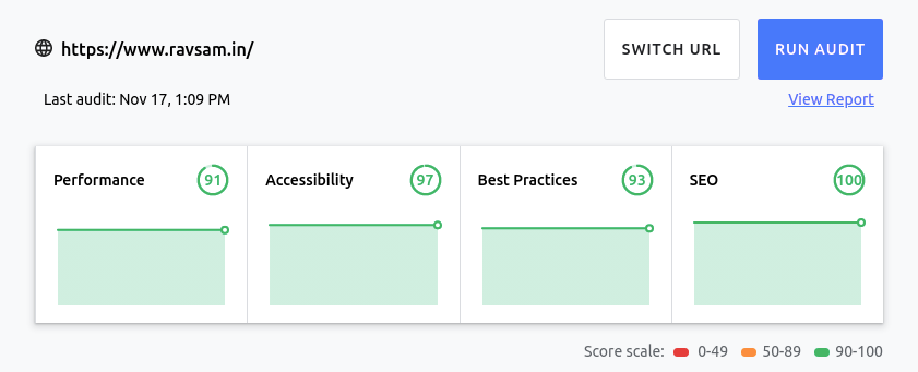RavSam website performance measured by Lighthouse