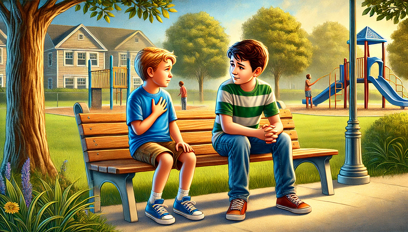 The moment between Alex and Sam in the park, where Alex expresses his regret and Sam shows forgiveness, is captured in this illustration. It captures their emotional exchange on a sunny summer day and highlights the important lesson about the impact of words and the value of thoughtful communication.