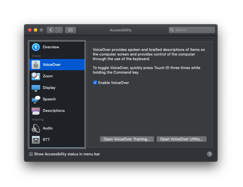 Enabling VoiceOver on Mac OSX