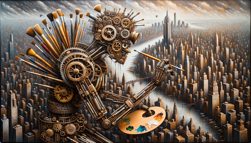 Image by DALL-E 3: Photo of a rustic robot made of brass and copper gears, using various brushes to create an intricate oil painting of a city skyline