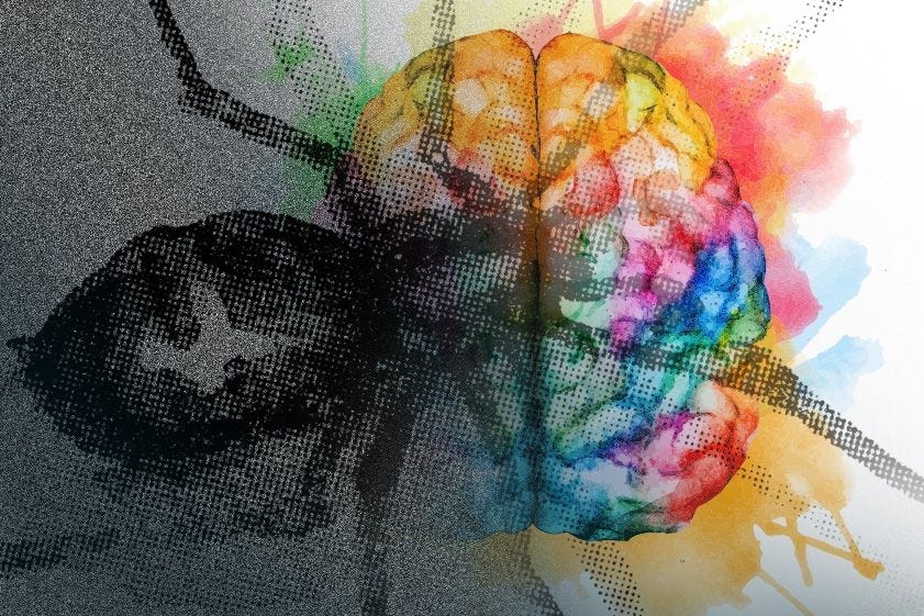 artistic rendering of a human brain with rainbow colors in and around it, with a dark spider or insect covering half of it. The insect or spider has no color.