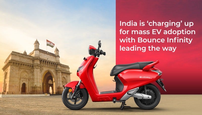 Bounce Infinity Electric scooter parked in front of gateway of India