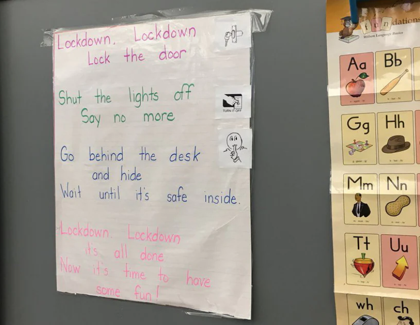 A nursury rhyme about school shooting drills, to the tune of Twinkle Twinkle Little Star. It reads, “Lockdown, lockdown, lock the door. Shut the lights off, say no more. Go behind the desk and hide, wait until it’s safe inside. Lockdown, lockdown, it’s all done. Now it’s time to have some fun.”