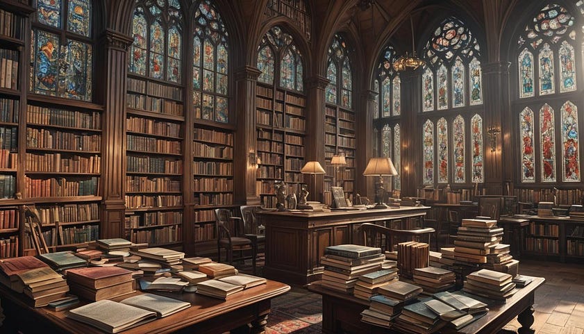 A beautiful oak library with stained glass windows and publications books and magazines