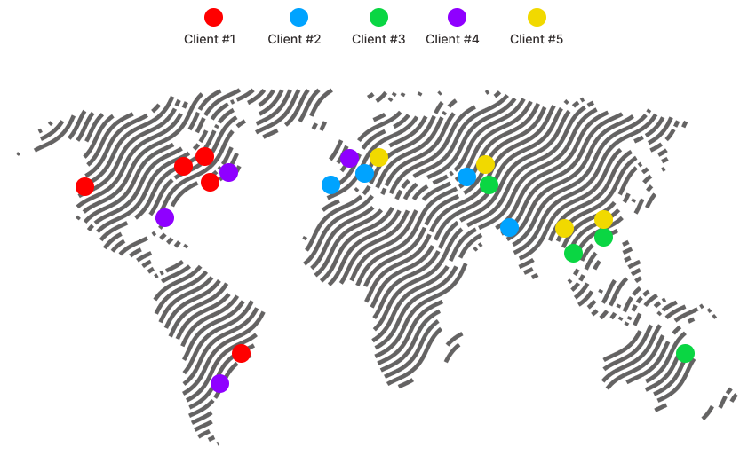 Map of the world with color-coded icons to explain where employees are located