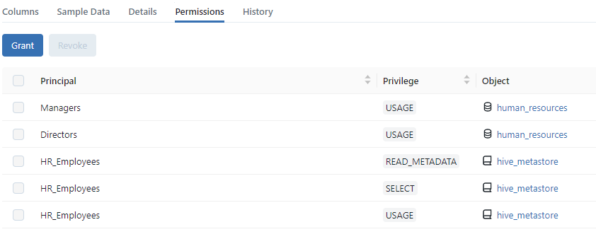 Permissions view on a Databricks Table