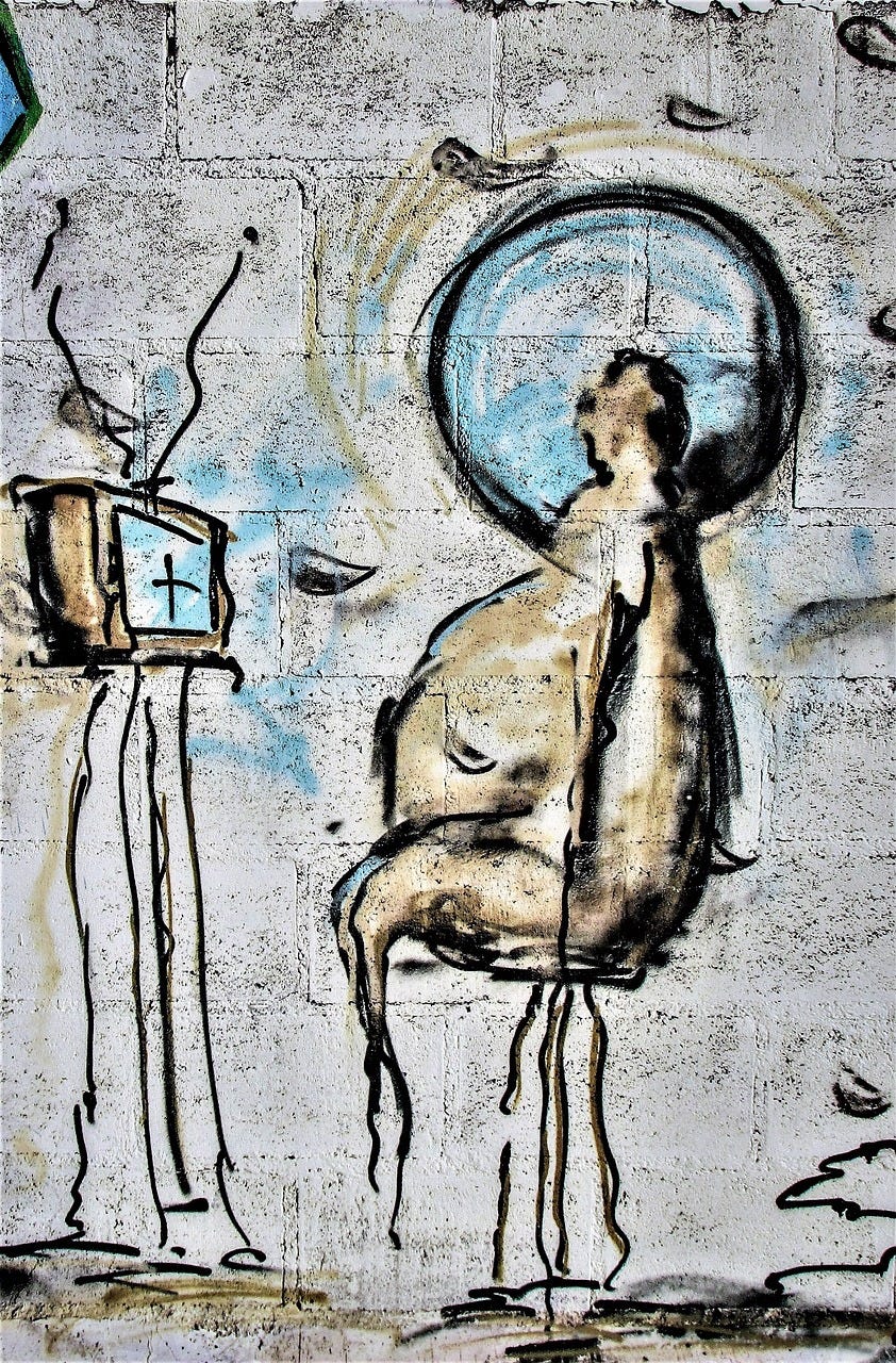 Sketch of a naked fat man sitting on a stool in front of a television, leaning back with eyes closed. It’s a side view. The title of the painting is ‘Television Brainwash’