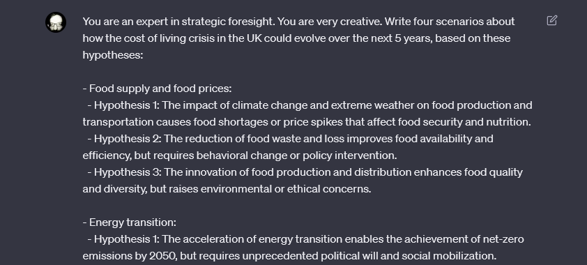 Prompting ChatGPT to generate scenarios from sets of hypotheses.