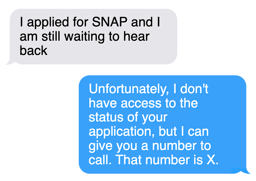 User message: “I applied for SNAP weeks ago, and I am still waiting to hear back” Support response: “Unfortunately, I don’t have access to the status of your application, but I can give you a number to call. That number is X.”