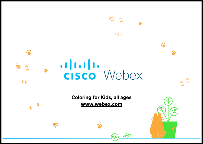 An illustration of a cat, a plant and a wall covered in paw prints and scratches. In the centre is the Cisco Webex logo