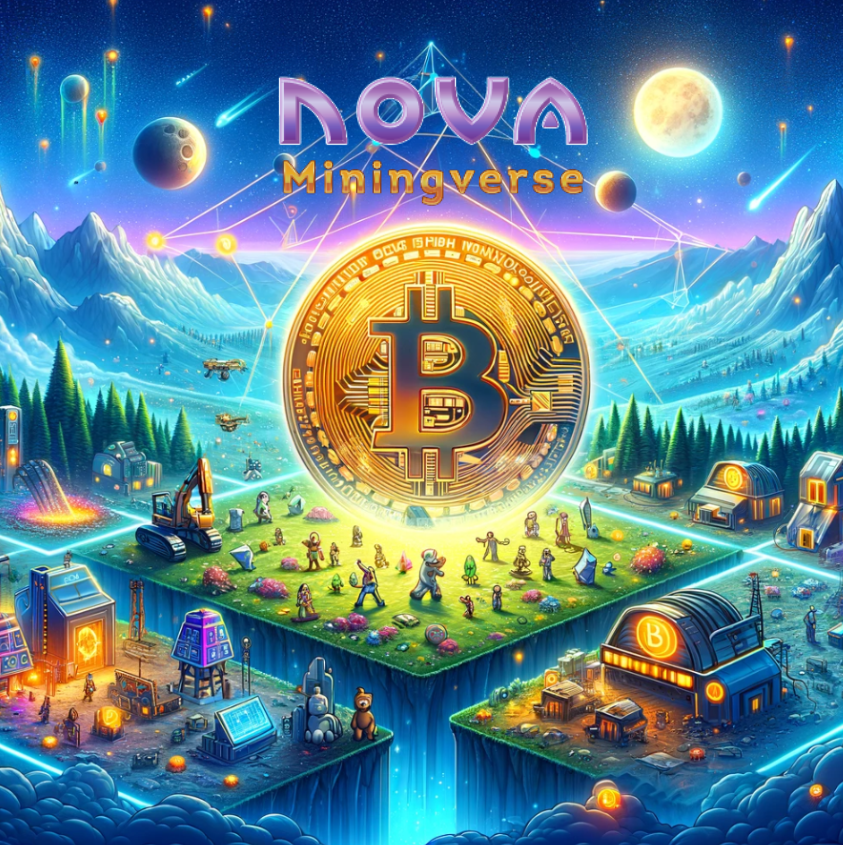 Illustration that represents the Nova Miningverse ecosystem, focusing on the unique integration of gaming and Bitcoin mining. The image captures a digital universe where gaming elements and Bitcoin symbols coexist, creating a vibrant and futuristic atmosphere that emphasizes Nova Miningverse’s innovative blend of gaming and cryptocurrency mining.