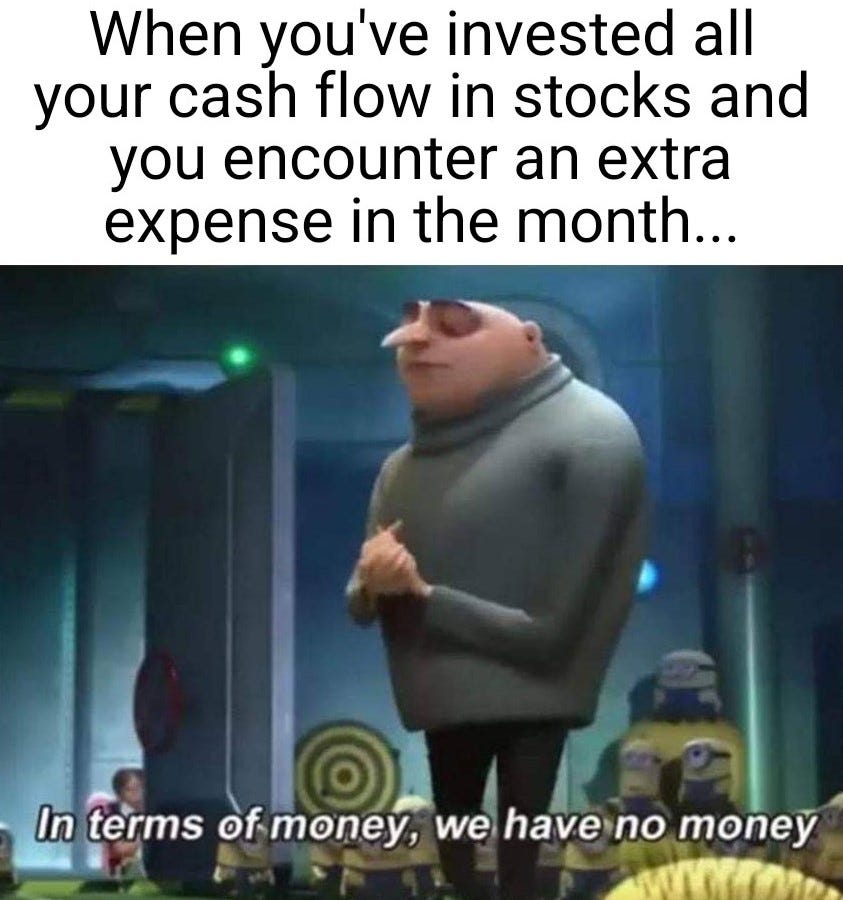 It is a meme about how someone invested all the cash into stocks and now doesn’t have any money left for extra expenses in the month