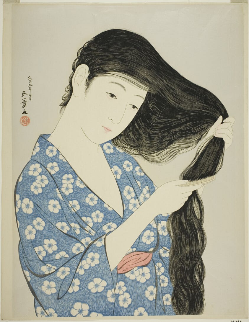Woman Combing her Hair (Portrait of Kodaira Tomi). Hashiguchi Goyo Japanese, 1881–1921. Art Institute of Chicago.
