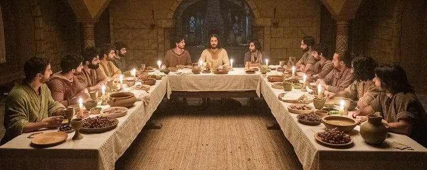 The Last Supper as depicted in the series “The Chosen” with Jesus at the center of a table where Judas sits besides him before the betrayal.