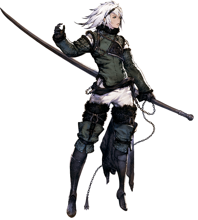 Nier as a young man. He is tall with thigh-high leather boots, a dark grey jacket and long dark grey gauntlets. He has long white hair and is holding an extremely long sword. Chains and black fur accentuate his clothing.