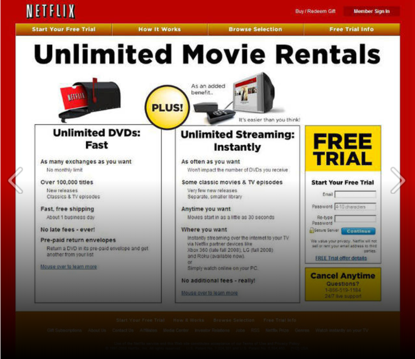 Anúncio do Netflix onde permite você escolher em casa um vídeo e receber o produto pelo correio e oportunidade de você ver filmes ilimitados no computador também