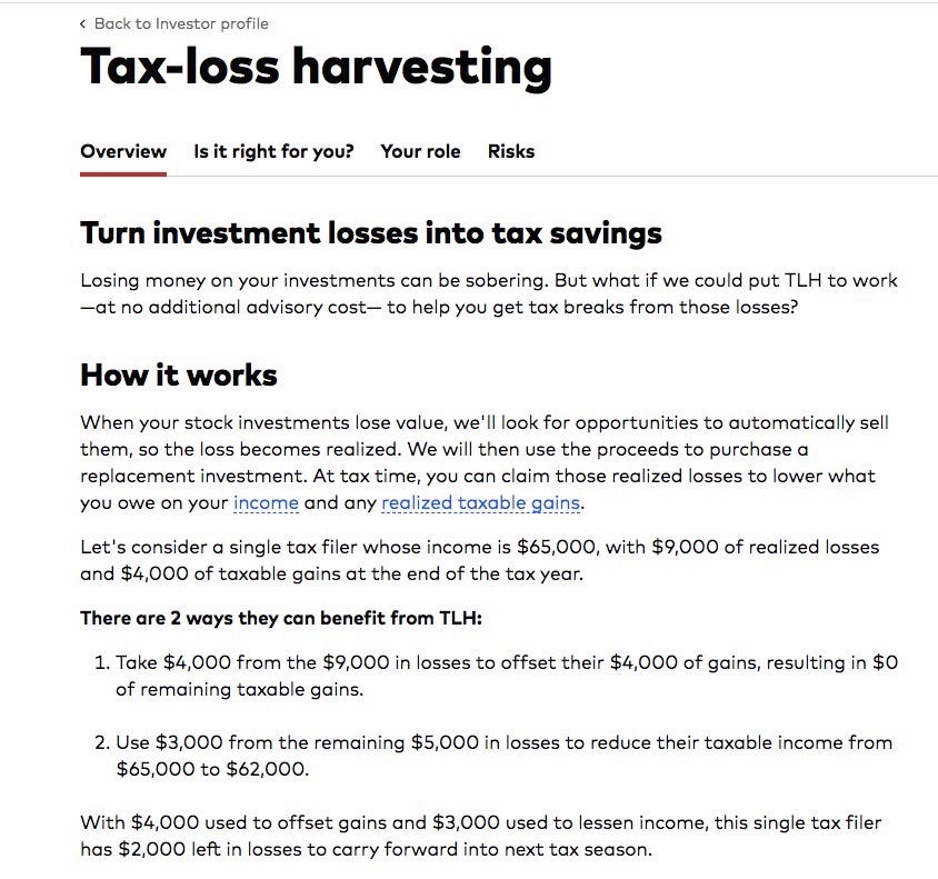 Image shows a selection of a Vanguard page explaining how Tax-Loss Harvesting can “Turn investment losses into tax savings.”