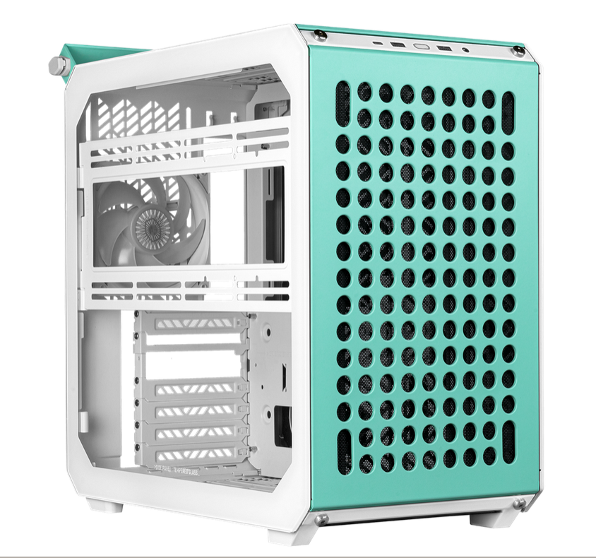 A Qube 500 computer case with the mint green front panel