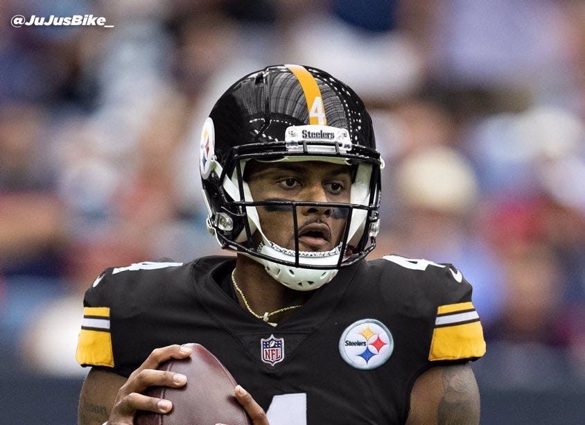 Jersey swap of Deshaun Watson wearing a Pittsburgh Steelers uniform and helmet