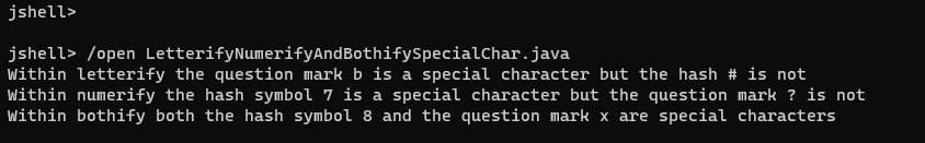 Résultat de l’exécution du script précédent montrant la différence de caractères spéciaux dans les méthodes letterify, numerify et bothify