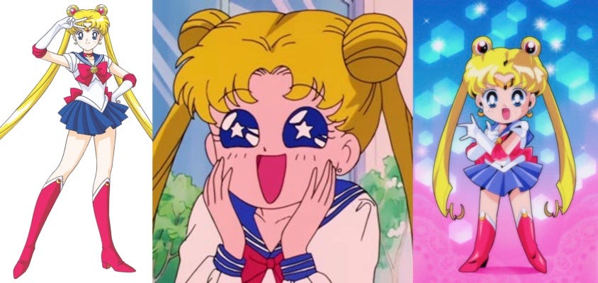 Side-by-side images of Sailor Moon 1) drawn normally, 2) drawn with huge “star eyes”, and 3) drawn in a babylike “chibi” form