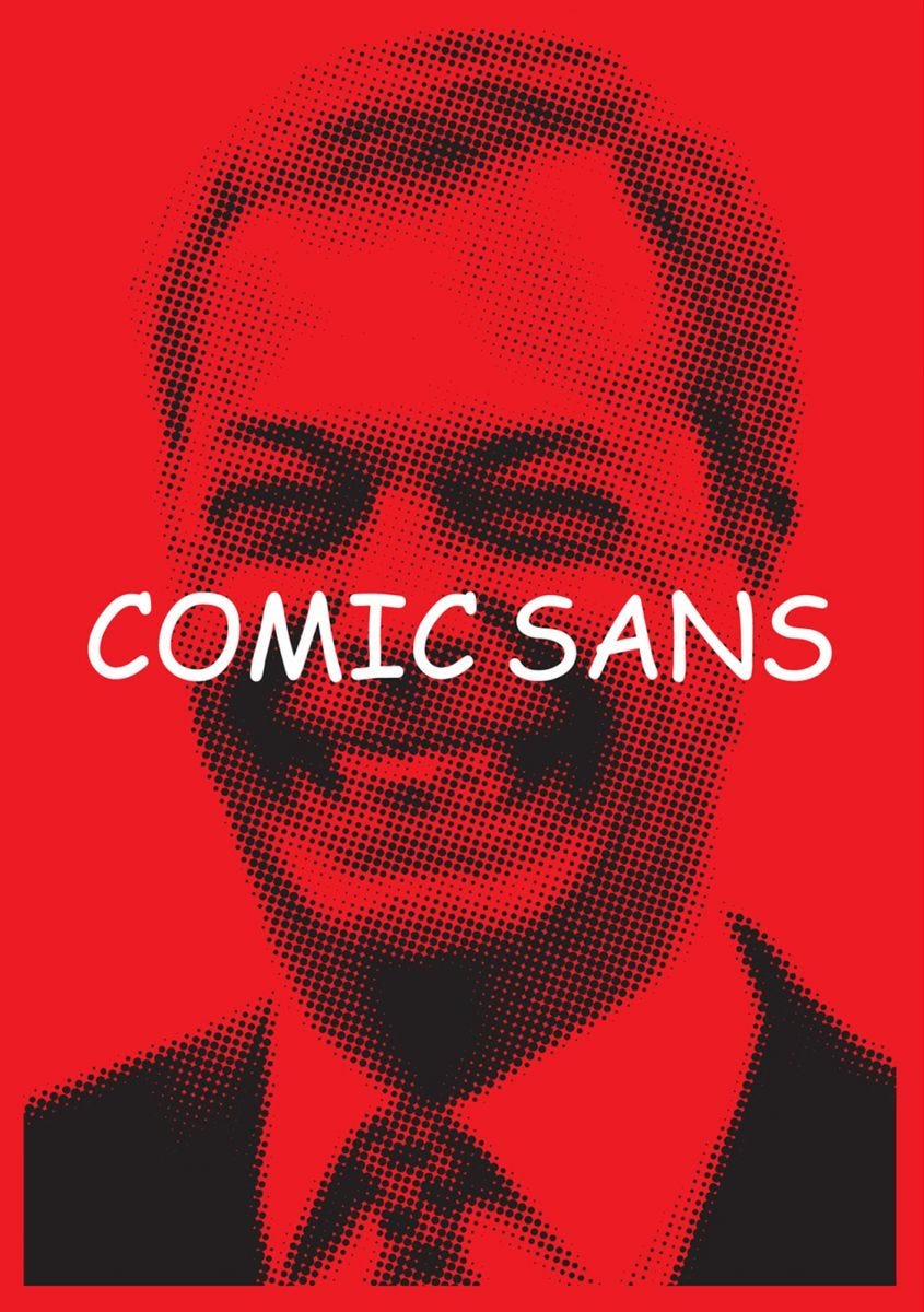 Comic Sans written in the typeface over the image of Nigel Farage