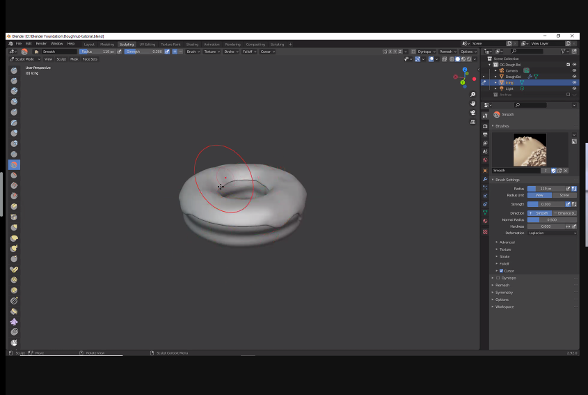 A grey-scale donut being rendered using a 3D modeling software