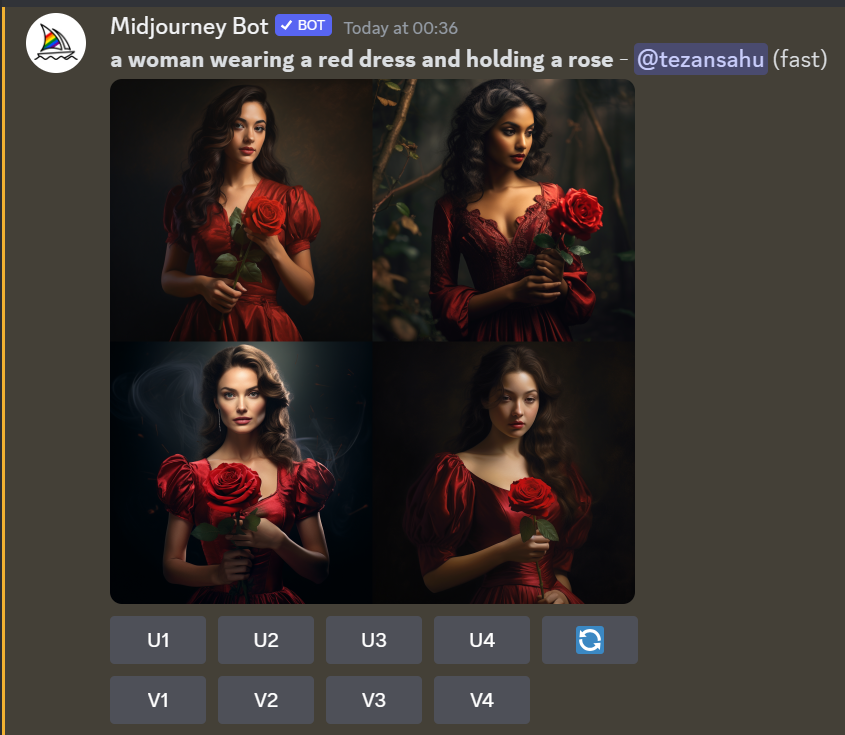 Midjourney’s response to thee prompt “a woman wearing a red dress and holding a rose”